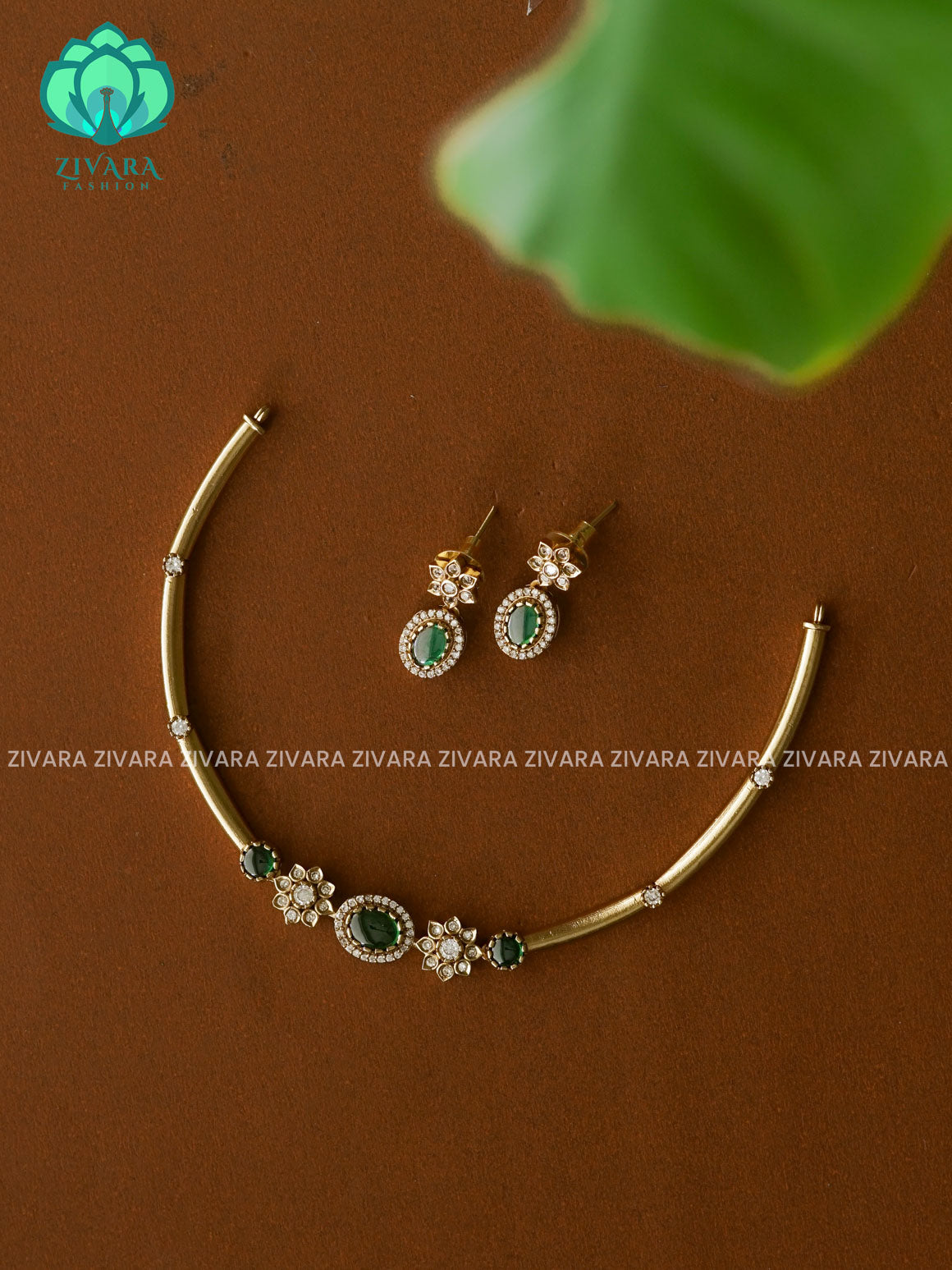 Green Simple and cute hasli - Traditional south indian premium neckwear with earrings- Zivara Fashion- latest jewellery design