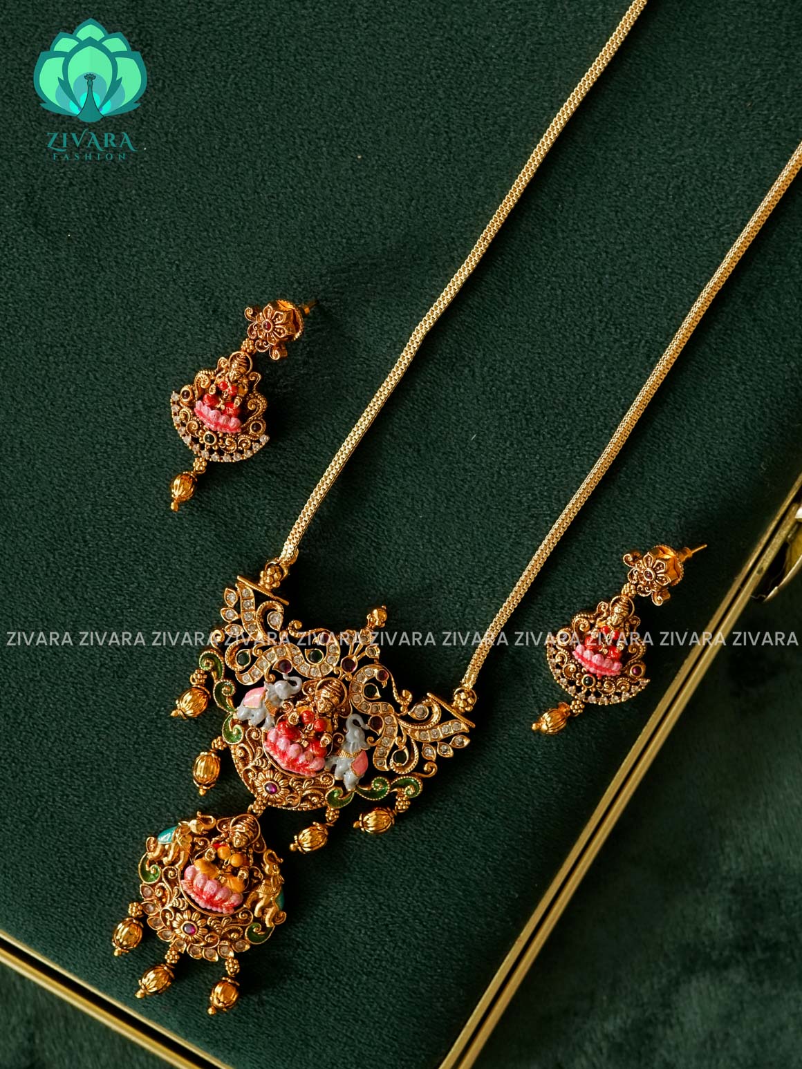 MADHURYA- LAKSHMI ELEPHANT PENDANT - HAND PAINTED-VINTAGE TEMPLE PENDANT WITH CHAIN - Traditional PREMIUM MATTE polish MIDCHEST neckwear - Zivara Fashion