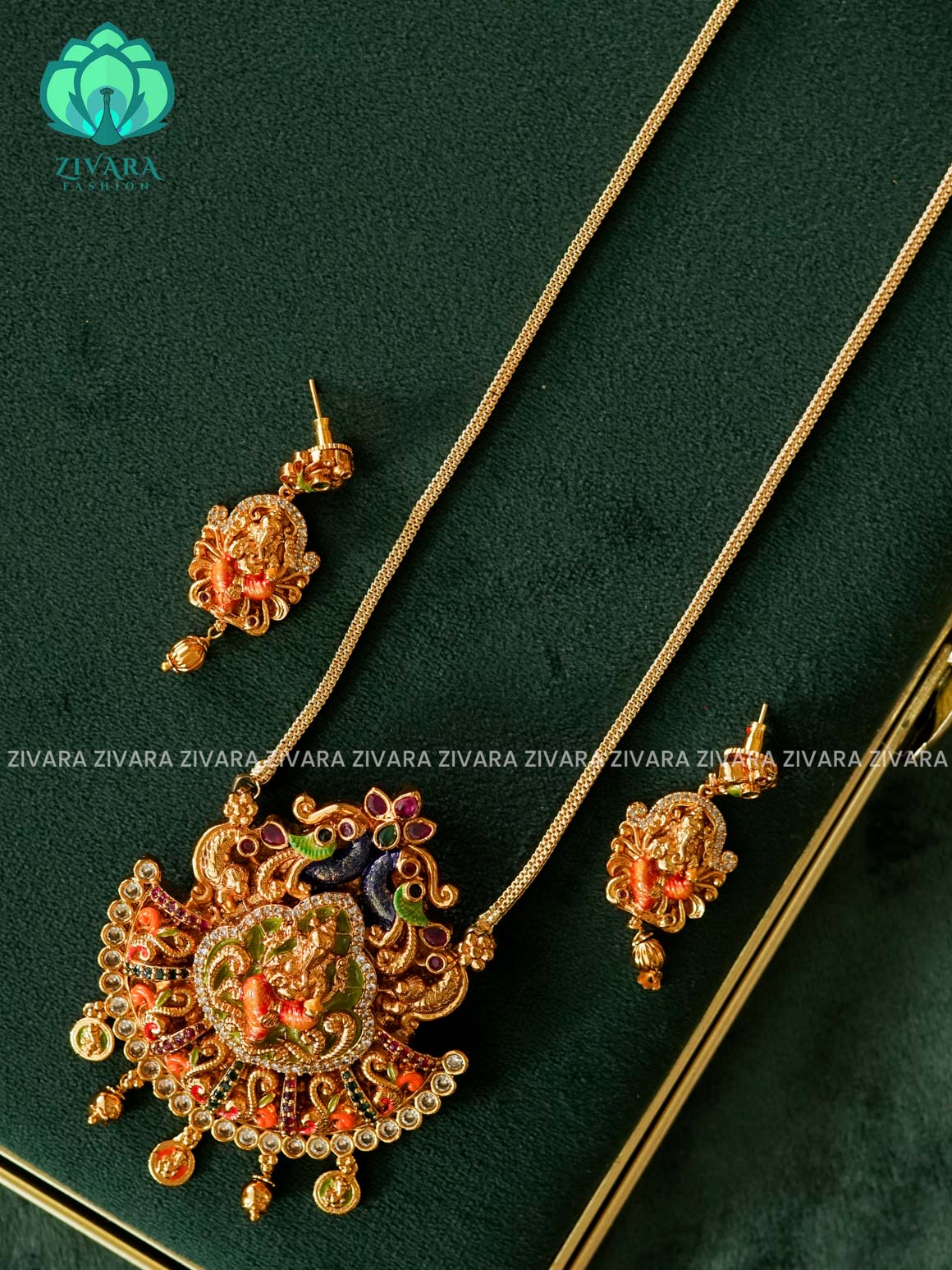 MADHURYA- GANESHA - HAND PAINTED-VINTAGE TEMPLE PENDANT WITH CHAIN - Traditional PREMIUM MATTE polish MIDCHEST neckwear - Zivara Fashion