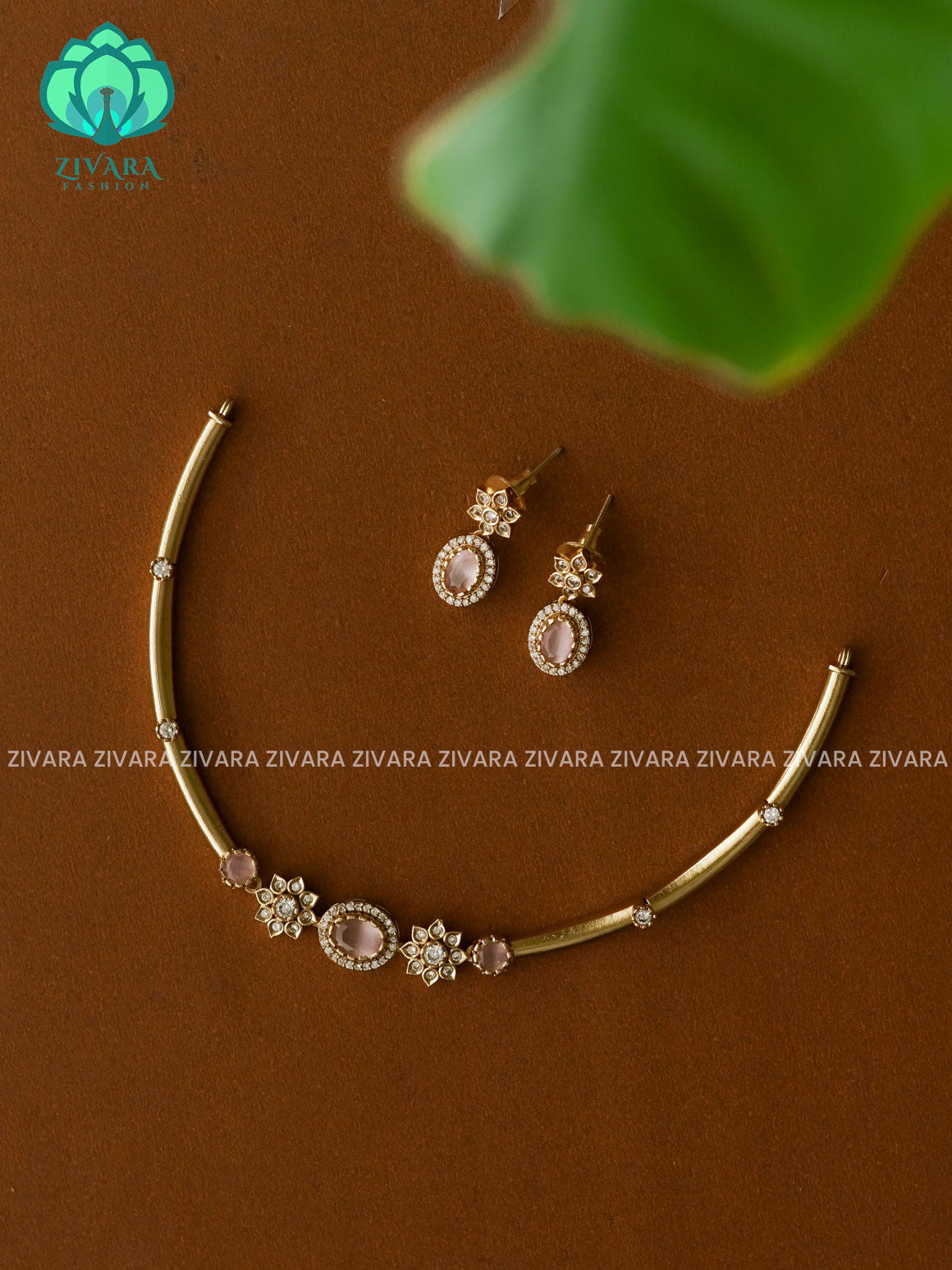 Pastel pink Simple and cute hasli - Traditional south indian premium neckwear with earrings- Zivara Fashion- latest jewellery design