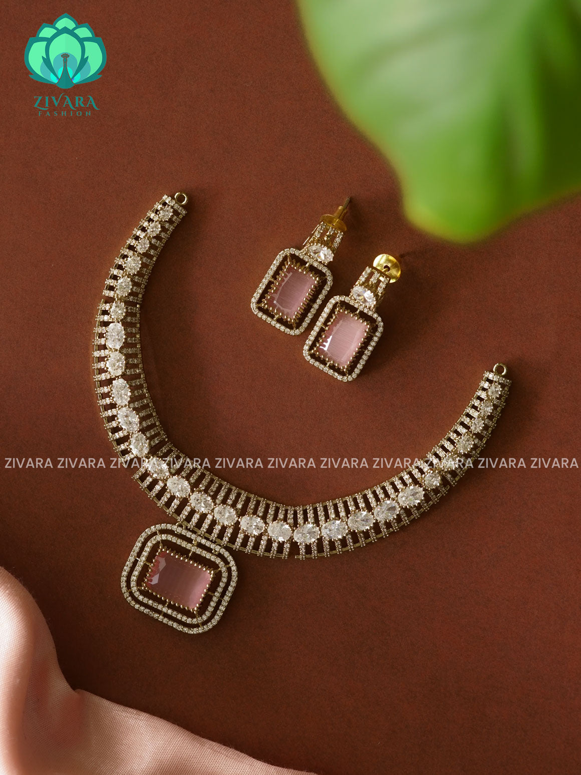 PASTEL PINK - Square pendant Bridal hasli - stylish and minimal elegant neckwear with earrings- Zivara Fashion