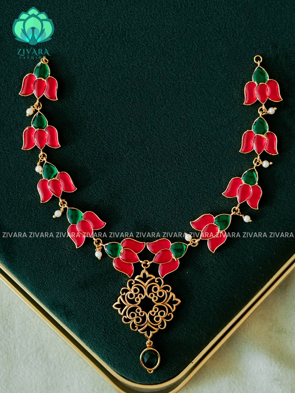 KAMALI - PINK GREEN ENAMEL HANDMADE NECKWEAR WITH GREEN BEADS HANGINGS - Zivara Fashion - latest jewellery design