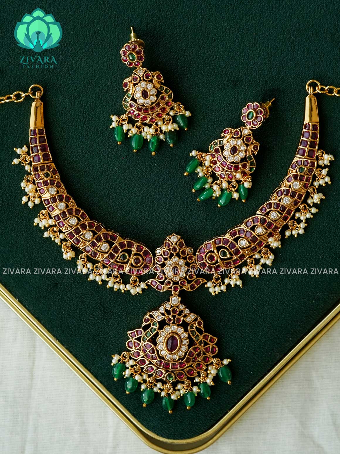 REAL KEMP PEACOCK NECKWEAR WITH HANGING BEADS -Traditional south indian premium neckwear with earrings- Zivara Fashion- latest jewellery design
