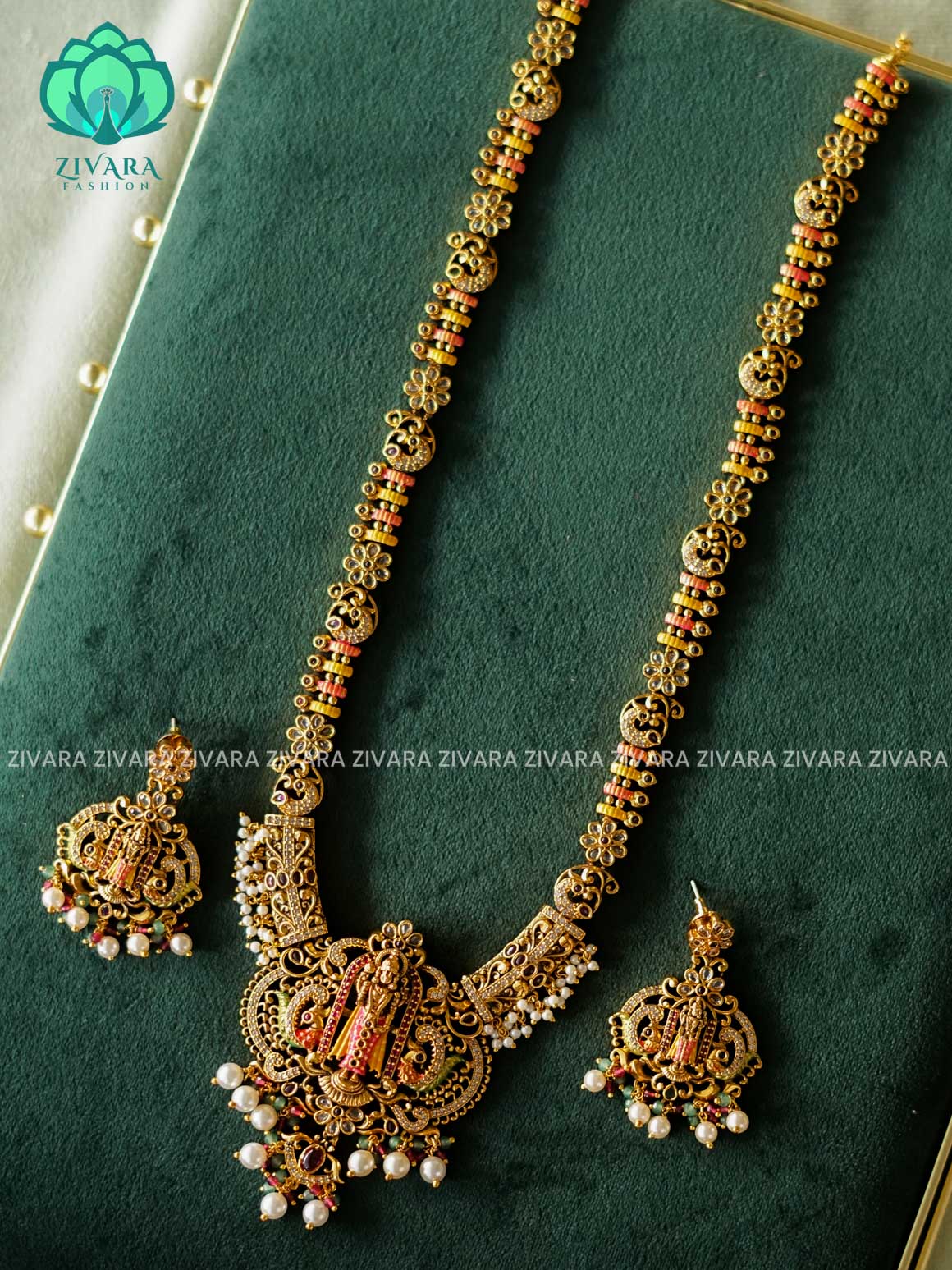 MADHURYA - HAND PAINTED TEMPLE BRIDAL - Traditional PREMIUM MATTE polish MIDCHEST haaram/neckwear with earrings- Zivara Fashion