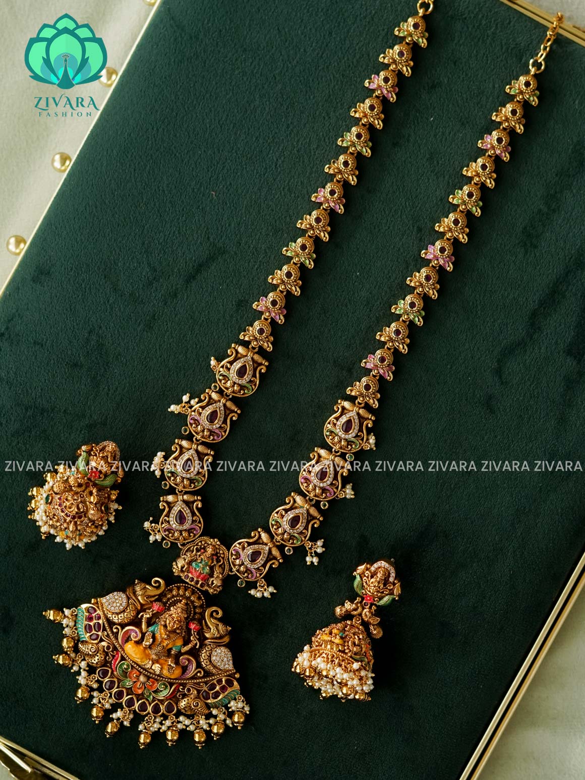 MADHURYA - GRAND GAJALAKSHMI BRIDAL handpainted HAARAM - Traditional south indian premium neckwear with earrings- Zivara Fashion