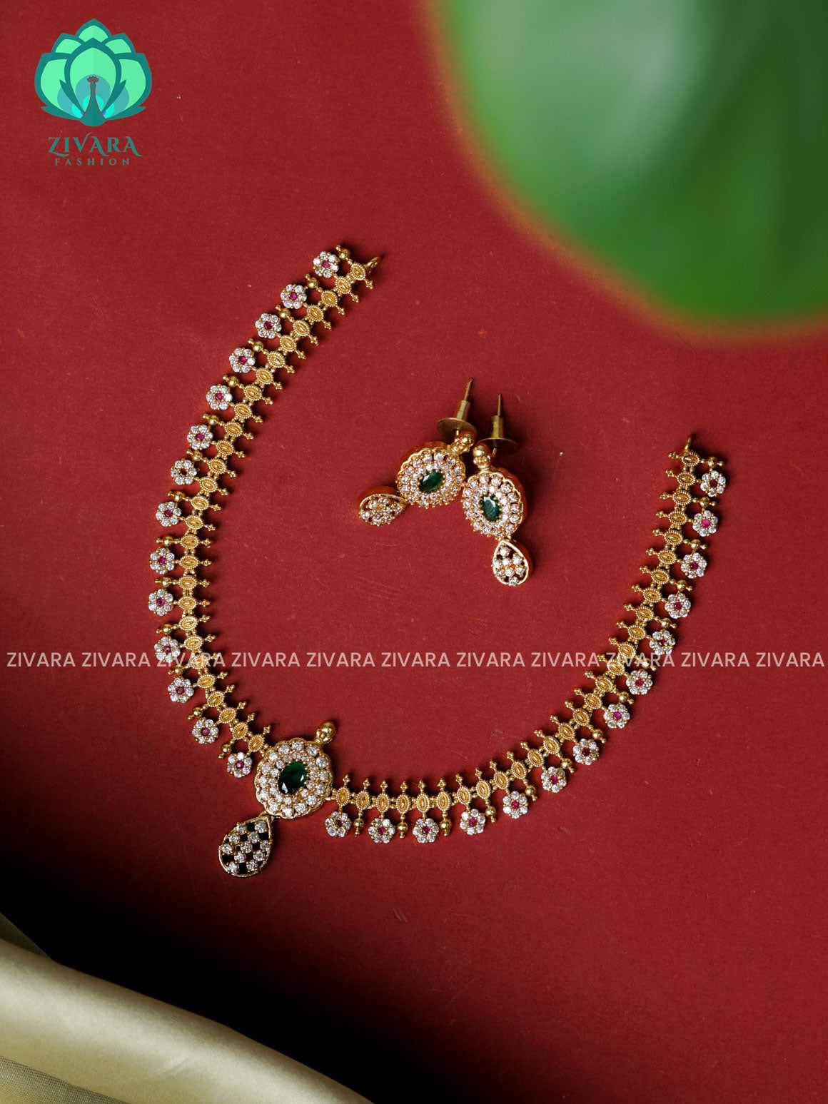 SIMPLE GREEN STONE -Traditional south indian premium neckwear with earrings- Zivara Fashion- latest jewellery design.