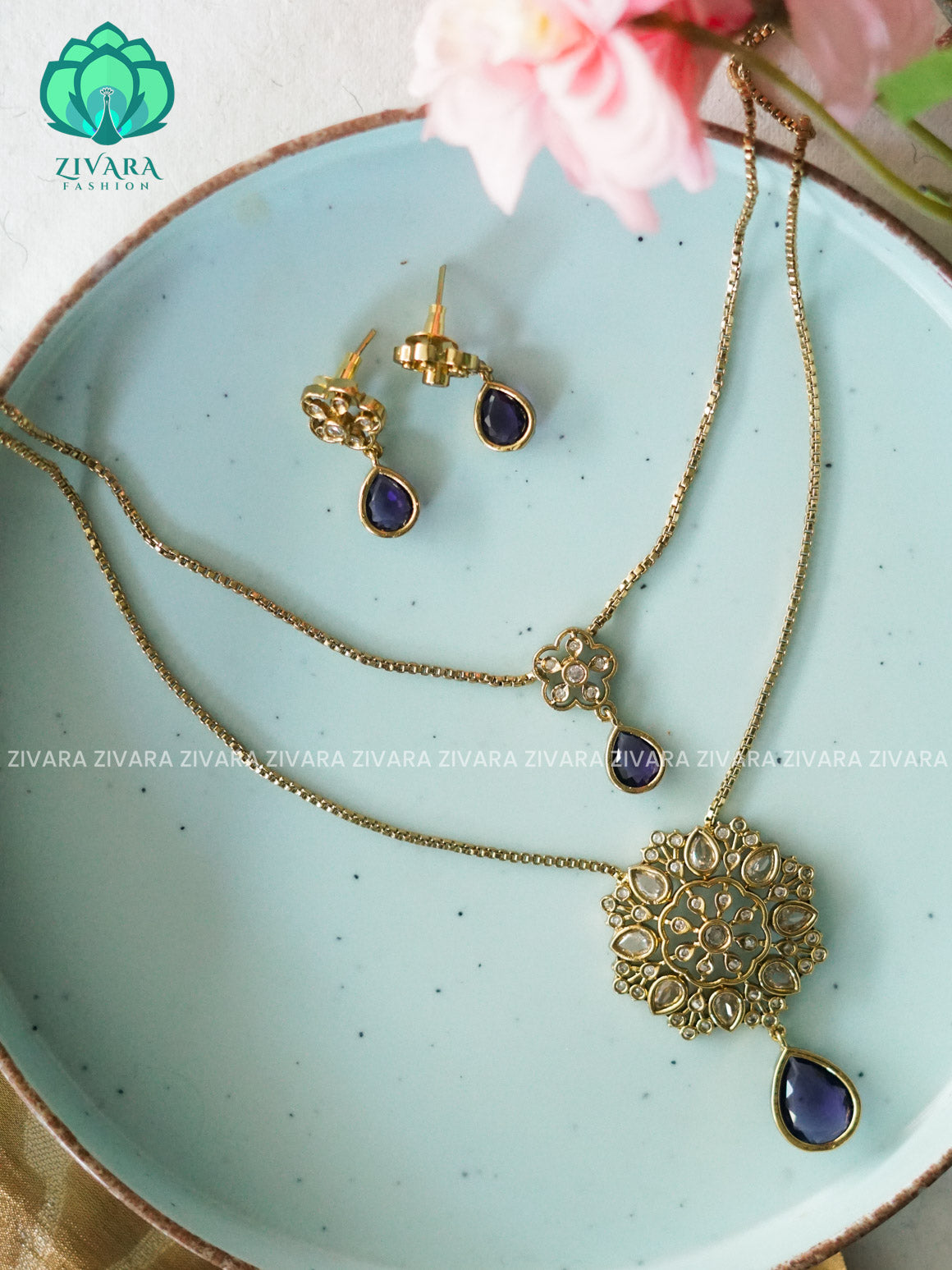 PURPLE- DOUBLE LAYER flower  THIN PARROT CHAIN  -Traditional south indian premium neckwear with earrings- Zivara Fashion- latest jewellery design