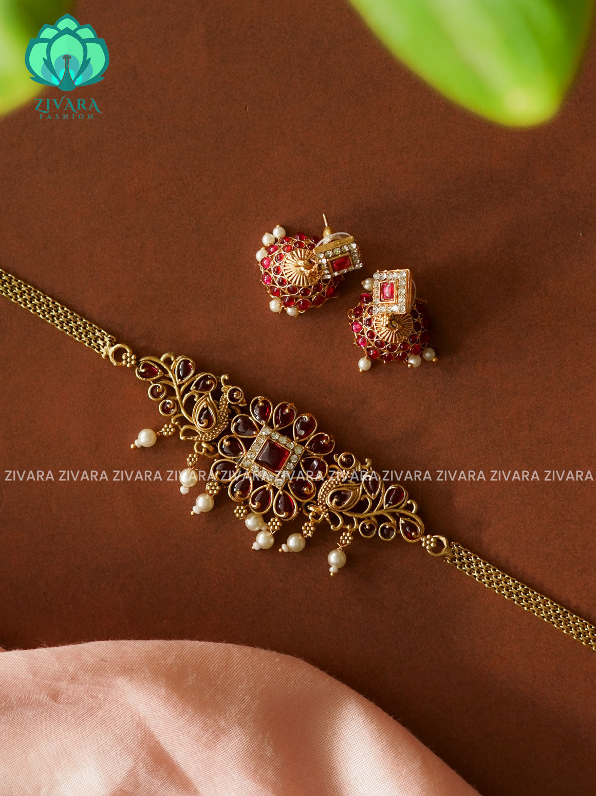 Ruby TRENDING BOX PEACOCK NORMAL MATTE choker with earrings-latest south indian jewellery