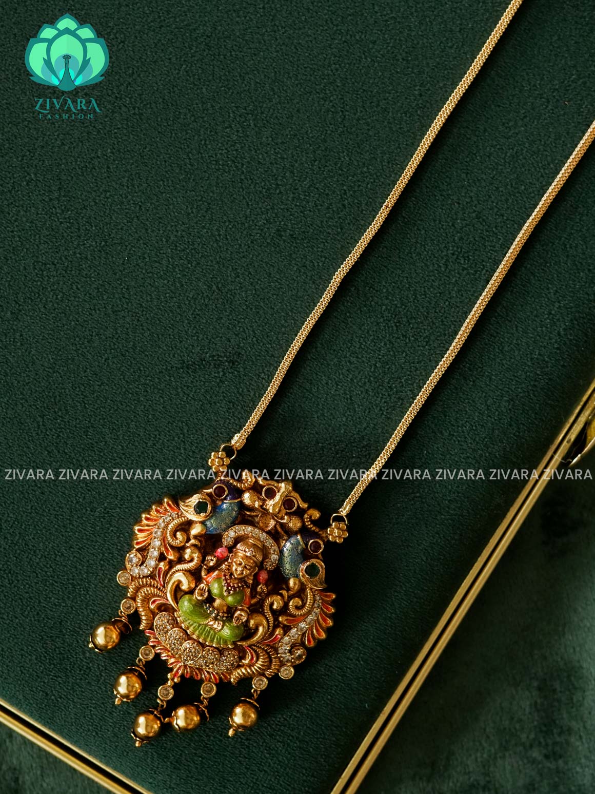 MADHURYA- LAKSHMI PEACOCK PENDANT - HAND PAINTED-VINTAGE TEMPLE PENDANT WITH CHAIN - Traditional PREMIUM MATTE polish MIDCHEST neckwear - Zivara Fashion