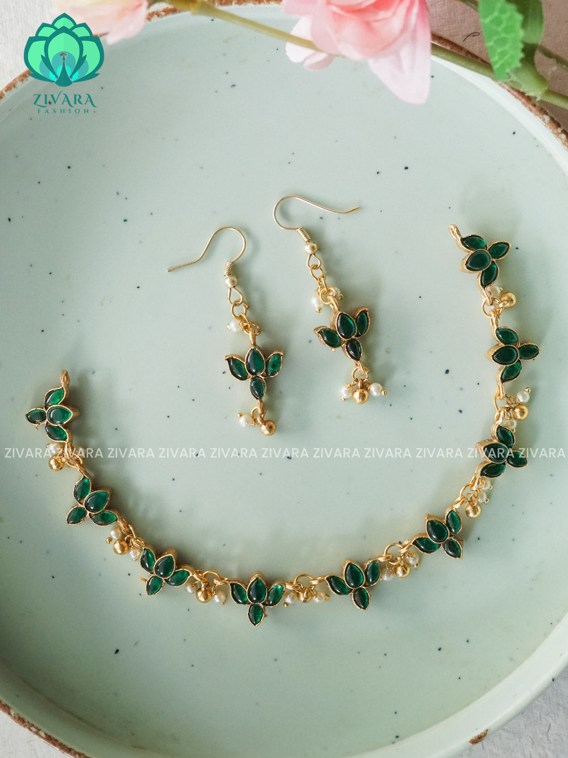 RUBY AND GREEN REVERSIBLE LOTUS NECKWARE - stylish and minimal elegant neckwear with earrings- Zivara Fashion