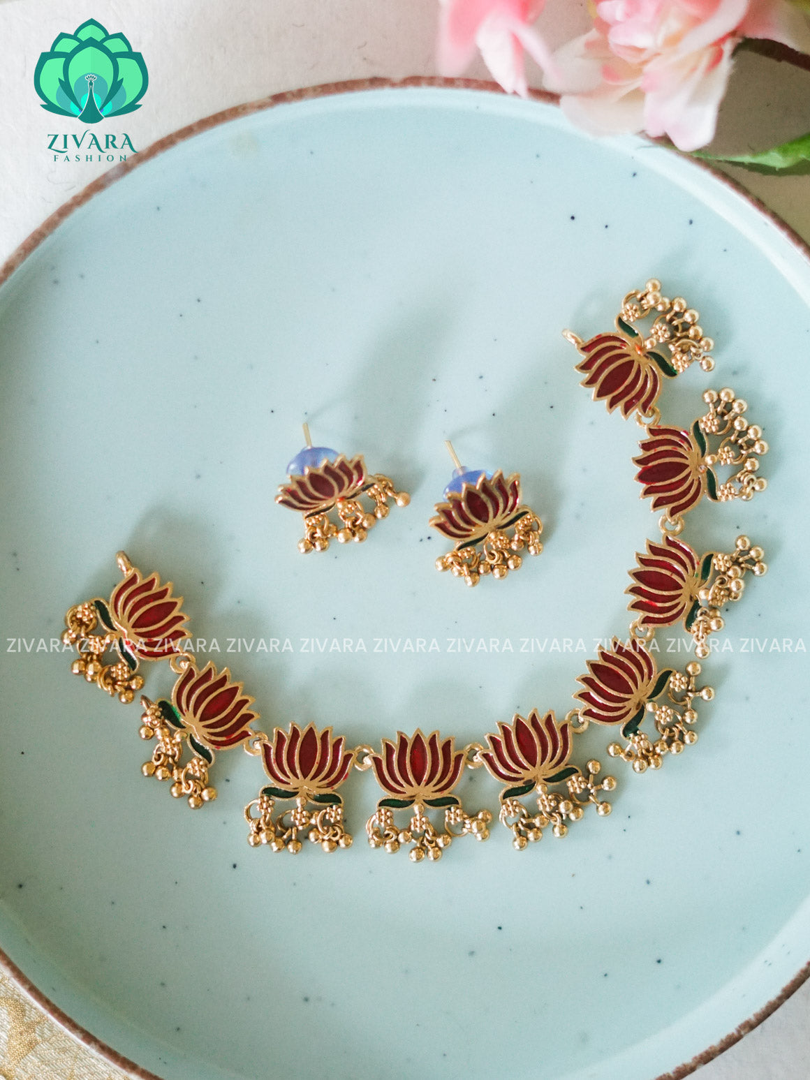 Red and green - MANJU WARRIER  inspired Trending NORMAL MATTE lotus enamel neckwear with earrings- Zivara Fashion- latest jewellery design