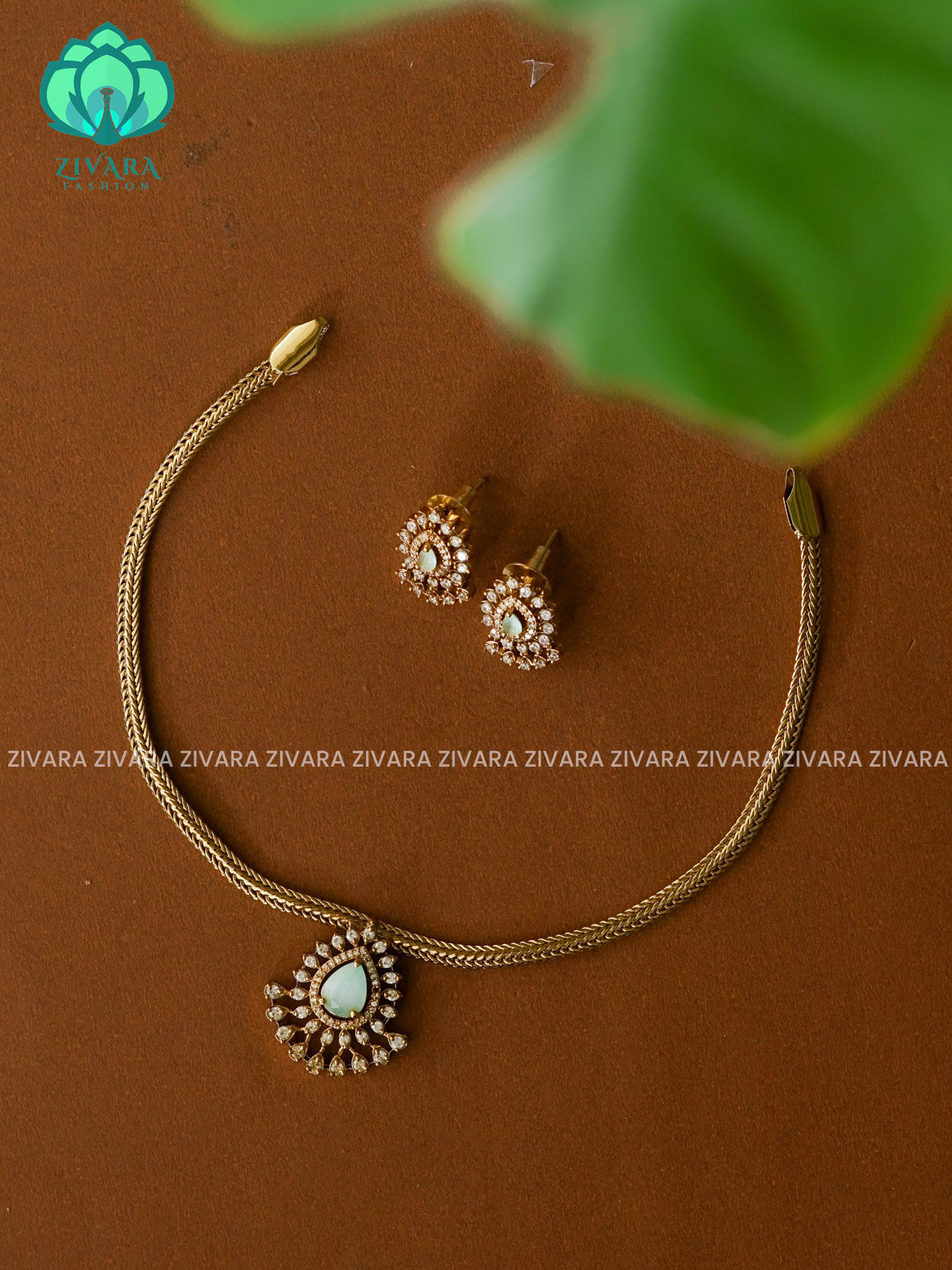 PASTEL Green Tear pendant dark finish flexible chain - Traditional south indian premium neckwear with earrings- Zivara Fashion- latest jewellery design