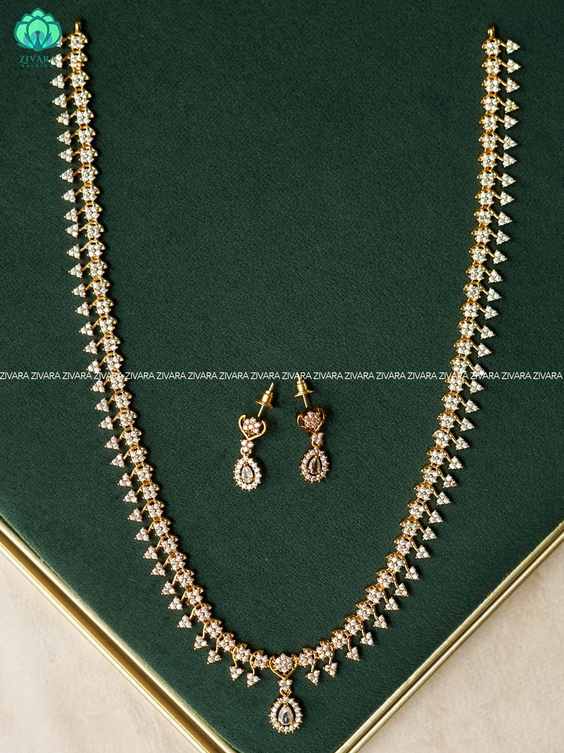 WHITE STONE LEAF TEAR  ELEGANT - Traditional PREMIUM MIDCHEST haaram with earrings- Zivara Fashion