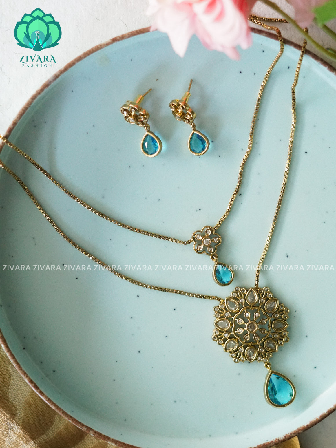 TURQUOISE BLUE  - DOUBLE LAYER flower  THIN PARROT CHAIN  -Traditional south indian premium neckwear with earrings- Zivara Fashion- latest jewellery design.