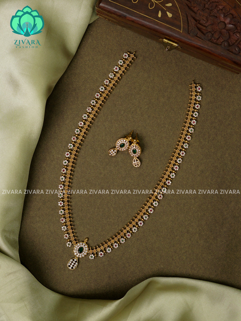 SIMPLE GREEN STONE - Traditional PREMIUM MATTE polish MIDCHEST haaram/neckwear with earrings- Zivara Fashion