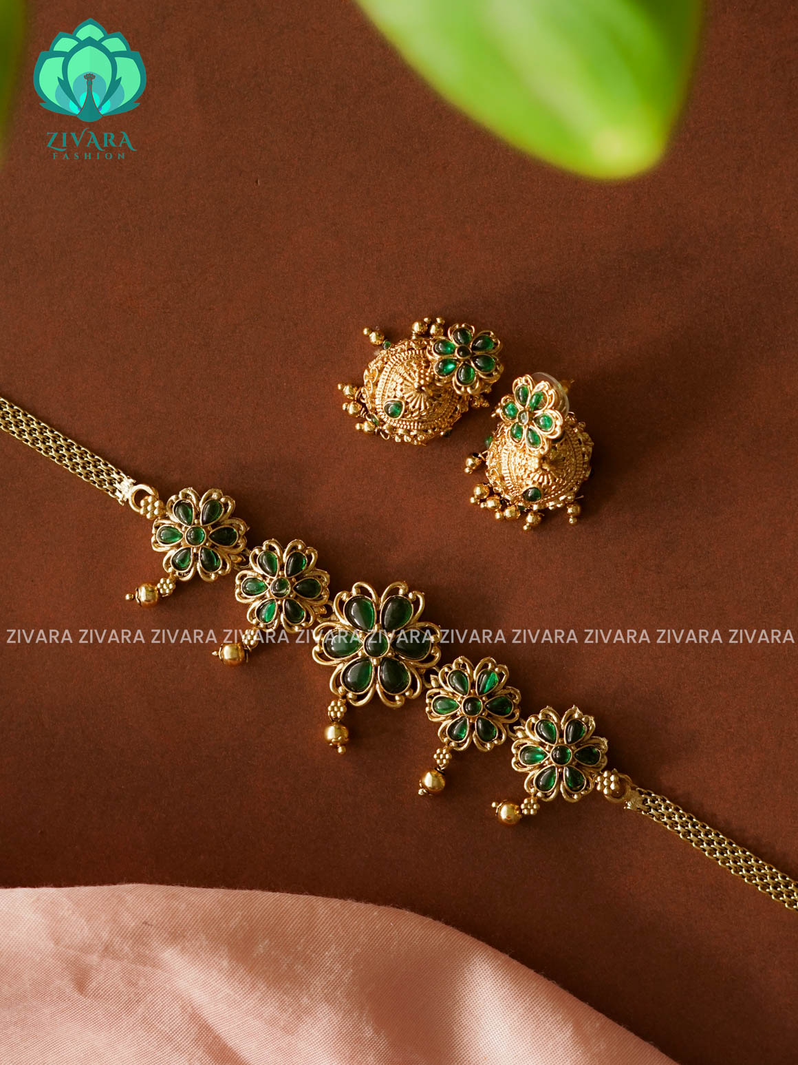 Green - Trending  flower choker with earrings-latest south indian jewellery