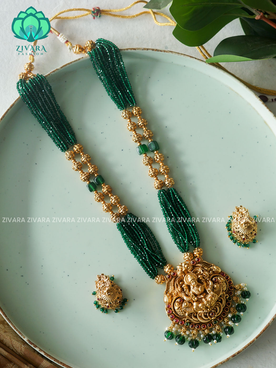 Green beads haaram long neckwear with earrings- normal Matte Finish- Zivara Fashion