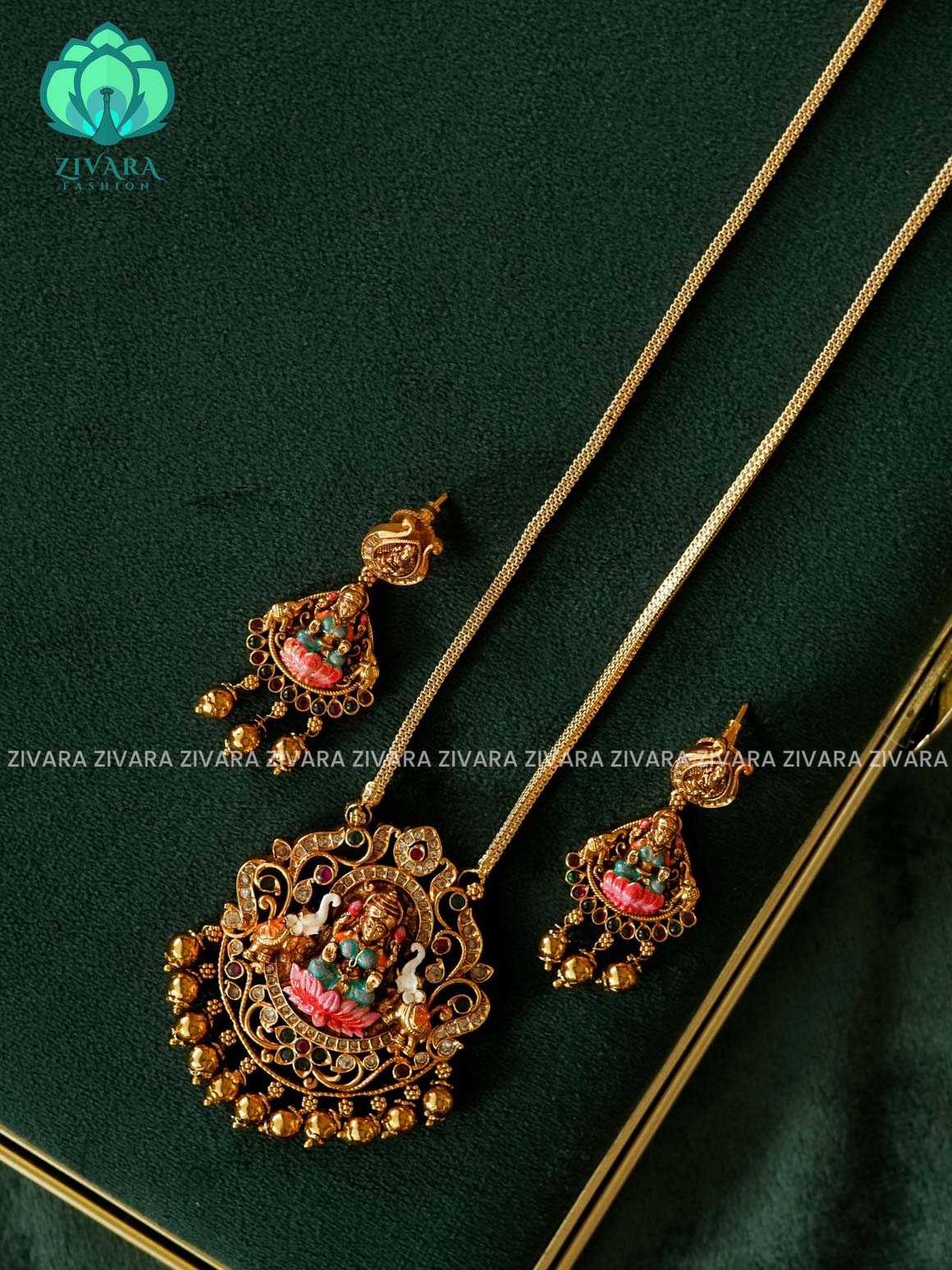 MADHURYA- LAKSHMI ELEPHANT PENDANT - HAND PAINTED-VINTAGE TEMPLE PENDANT WITH CHAIN - Traditional PREMIUM MATTE polish MIDCHEST neckwear - Zivara Fashion