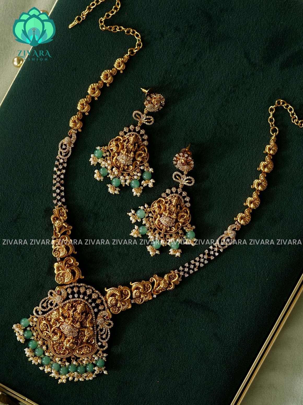 TEMPLE BRIDAL VINTAGE FINISH MIDCHEST WITH GREEN BEADS HANGINGS  - Traditional PREMIUM MATTE polish MIDCHEST haaram/neckwear with earrings- Zivara Fashion
