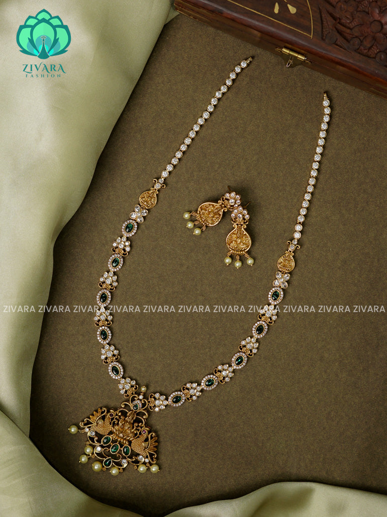 TEMPLE GREEN STONE  - Traditional PREMIUM MATTE polish MIDCHEST haaram/neckwear with earrings- Zivara Fashion