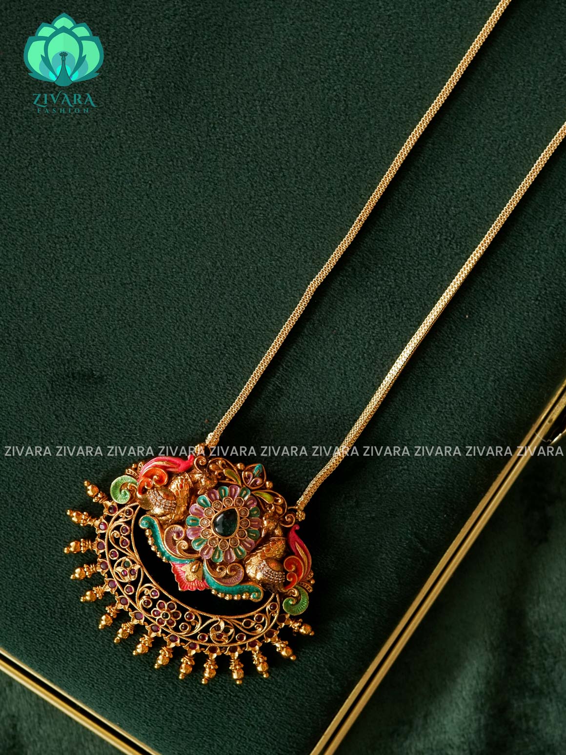 MADHURYA- LAKSHMI ELEPHANT PENDANT - HAND PAINTED-VINTAGE TEMPLE PENDANT WITH CHAIN - Traditional PREMIUM MATTE polish MIDCHEST neckwear - Zivara Fashion