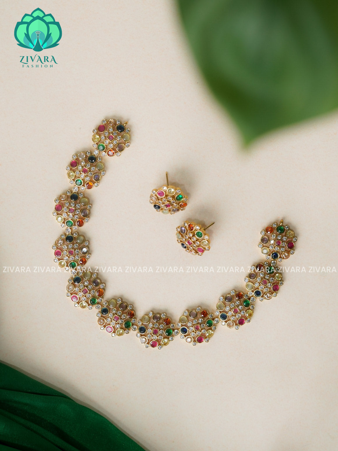 NAVARATNA  -Traditional south indian premium neckwear with earrings- Zivara Fashion- latest jewellery design.