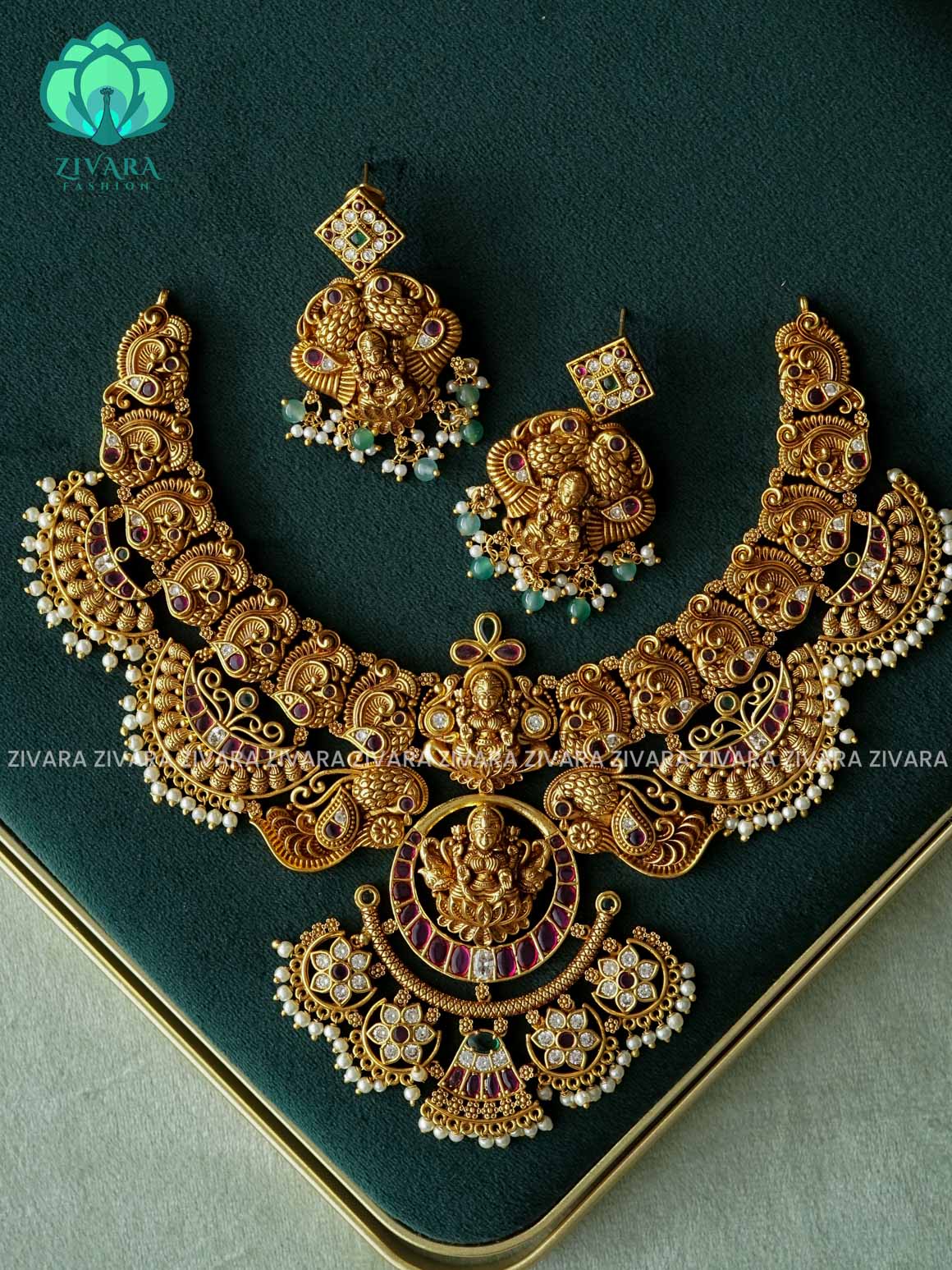 Akshayam - GRAND TEMPLE BRIDAL  NECKWEAR WITH HANGINGS - bridal temple neckwear -Traditional south indian premium neckwear with earrings- Zivara Fashion- latest jewellery design