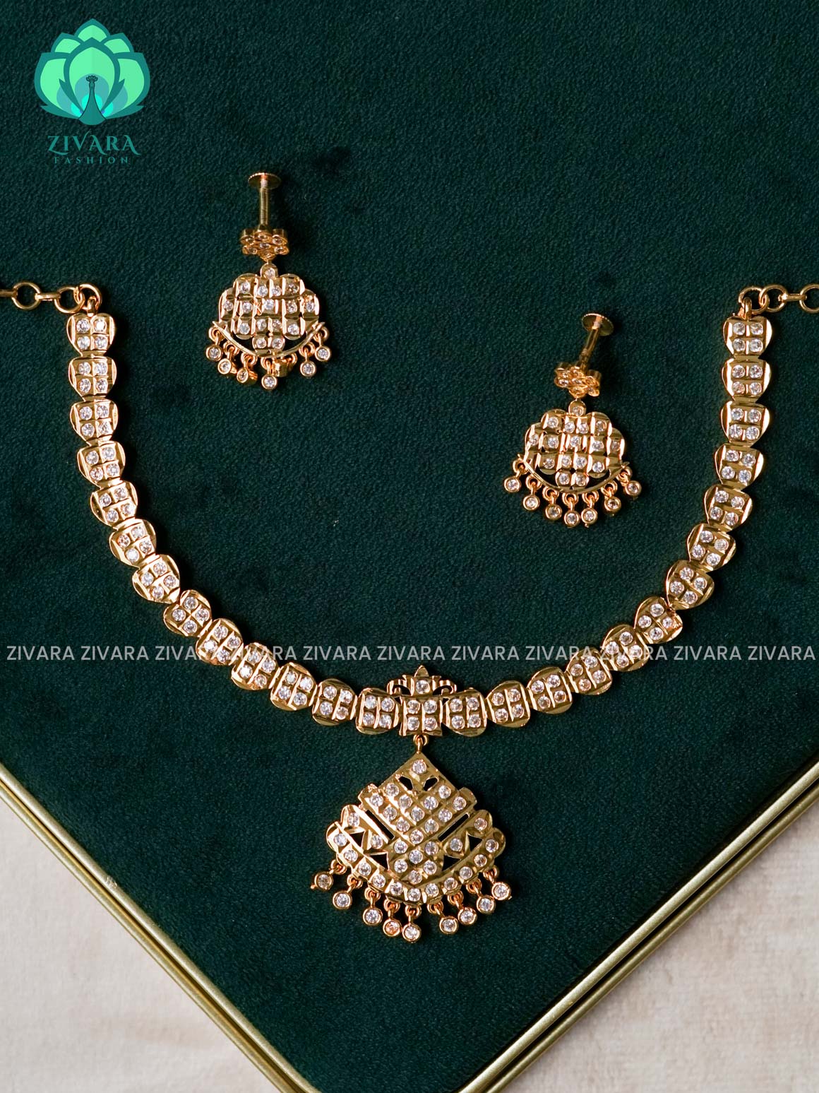 AMBIGAI-WHITE STONE MOTIF MICROGOLD POLISH ATTIGAI WITH EARRINGS  - Zivara Fashion- latest jewellery design