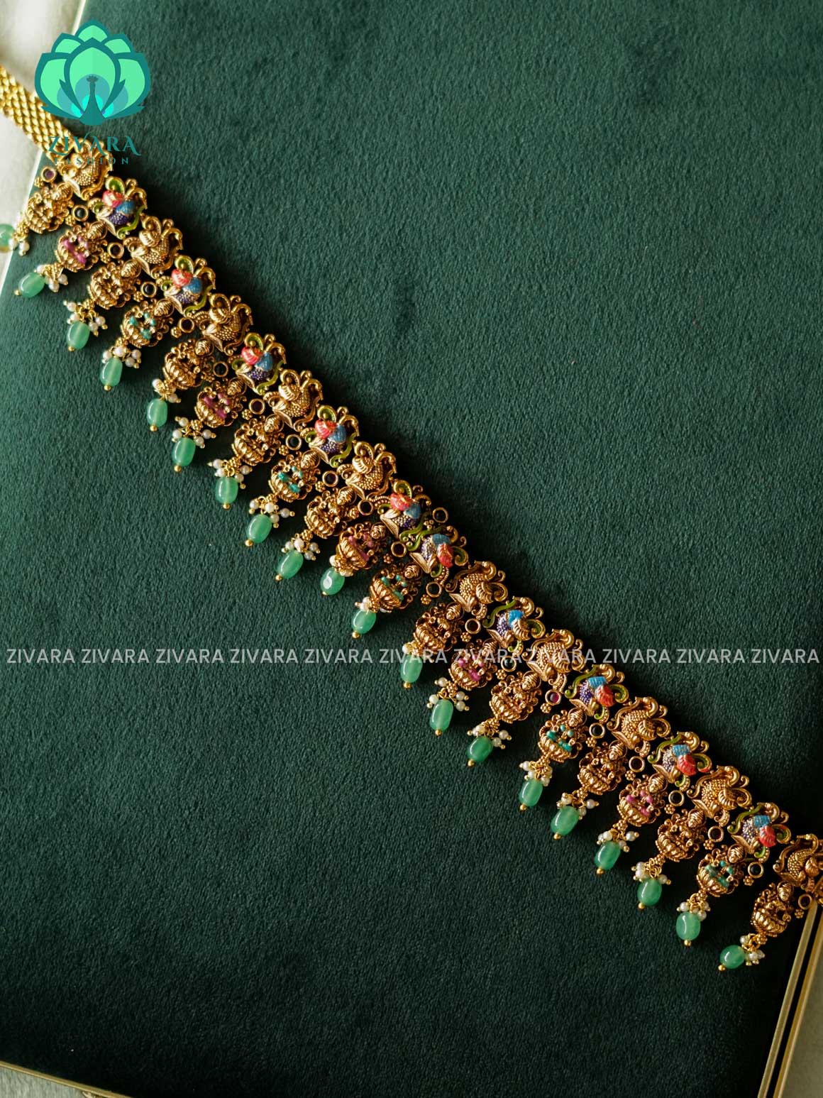 MADHURYA - LAKSHMI PEACOCK HANDPAINTED HIPCHAIN WITH GREEN BEADS HANGINGS  -TEMPLE PREMIUM MATTE LAKSHMI HIPCHAIN-ZIVARA FASHION