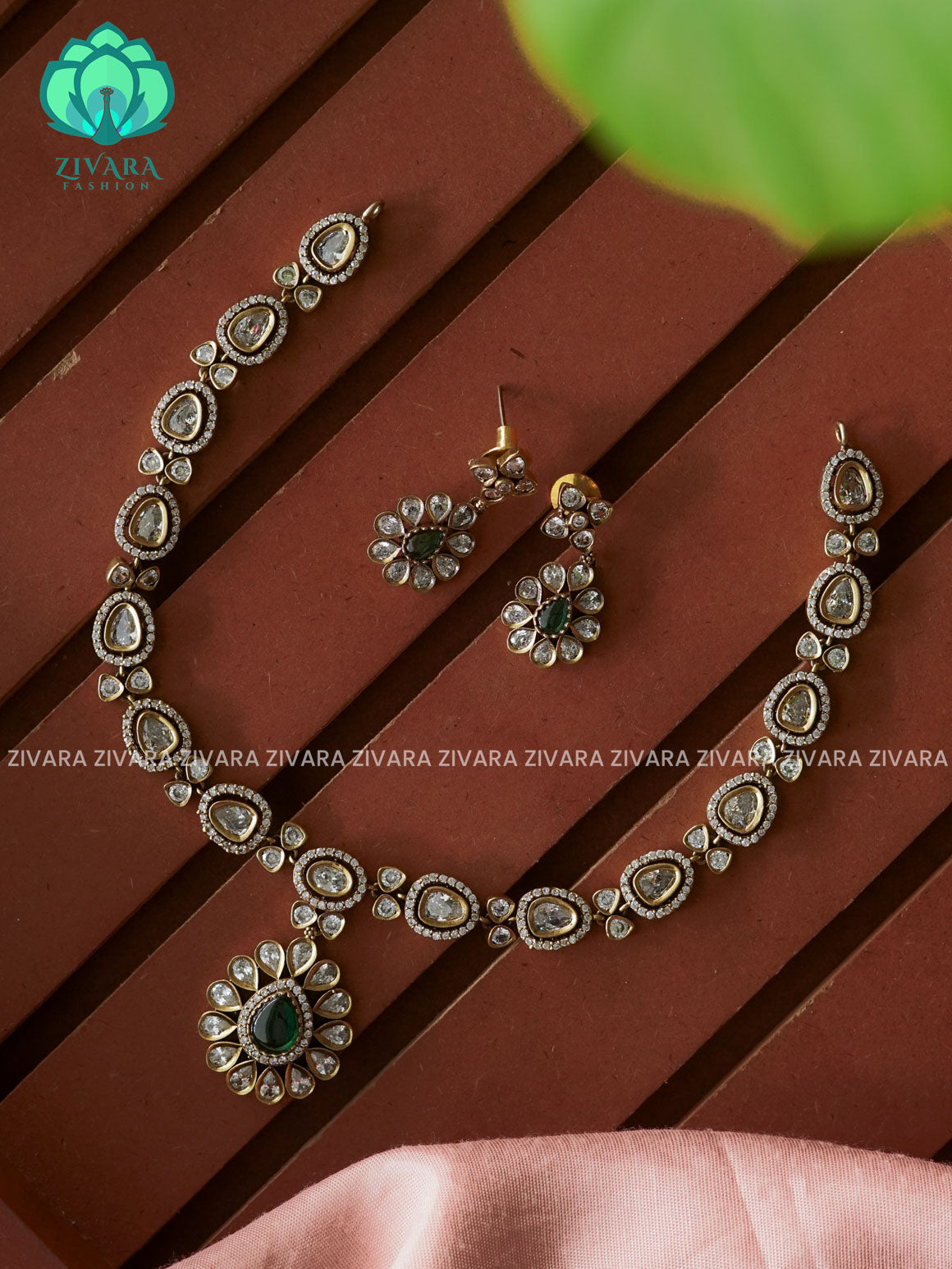 Green- Hanging tear pendant - Subtle stylish and minimal elegant neckwear with earrings- Zivara Fashion
