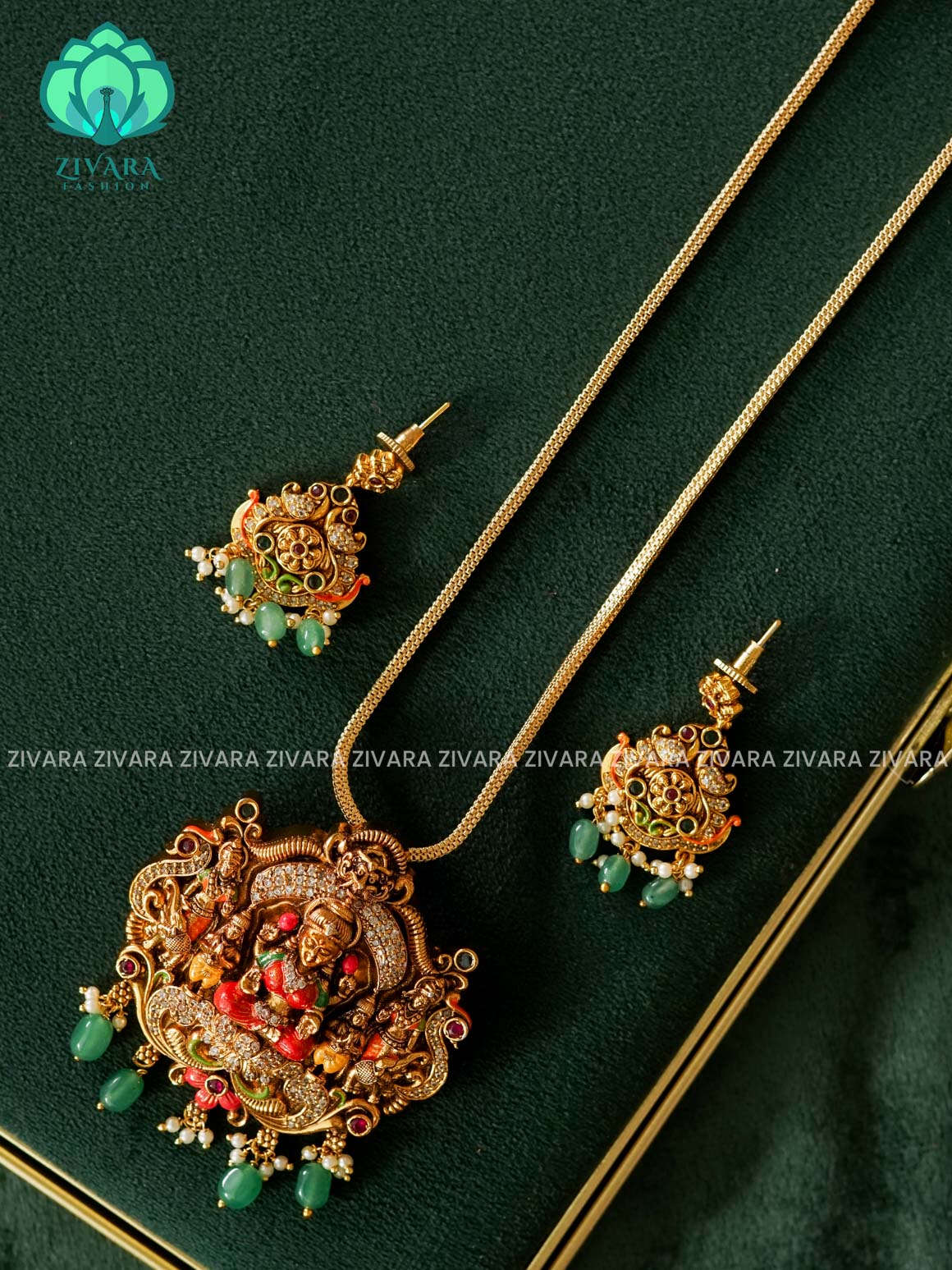 MADHURYA- LAKSHMI WITH GREEN BEADS HANGINGS - HAND PAINTED-VINTAGE TEMPLE PENDANT WITH CHAIN - Traditional PREMIUM MATTE polish MIDCHEST neckwear - Zivara Fashion