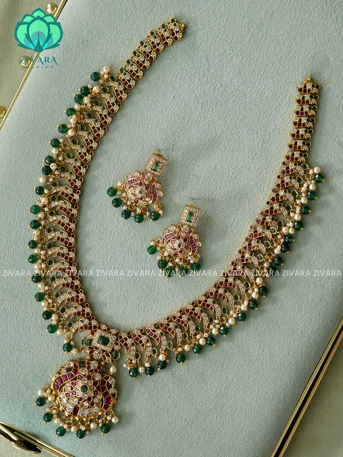 PEACOCK REAL KEMP BRIDAL HAARAM  WITH GREEN BEADS HANGINGS - Traditional premium long haaram/neckwear with earrings- Zivara Fashion
