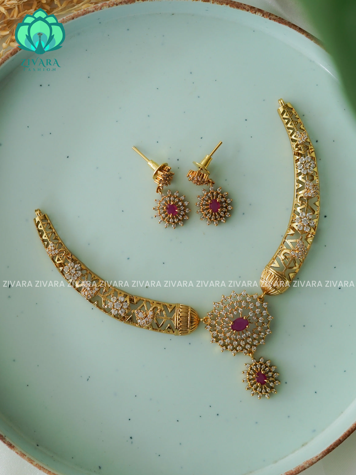 RUBY  FLORAL STONE ELEGANT HASLI  -PREMIUM SUBTLE GOLD FINISH  stylish and minimal elegant neckwear with earrings- Zivara Fashion