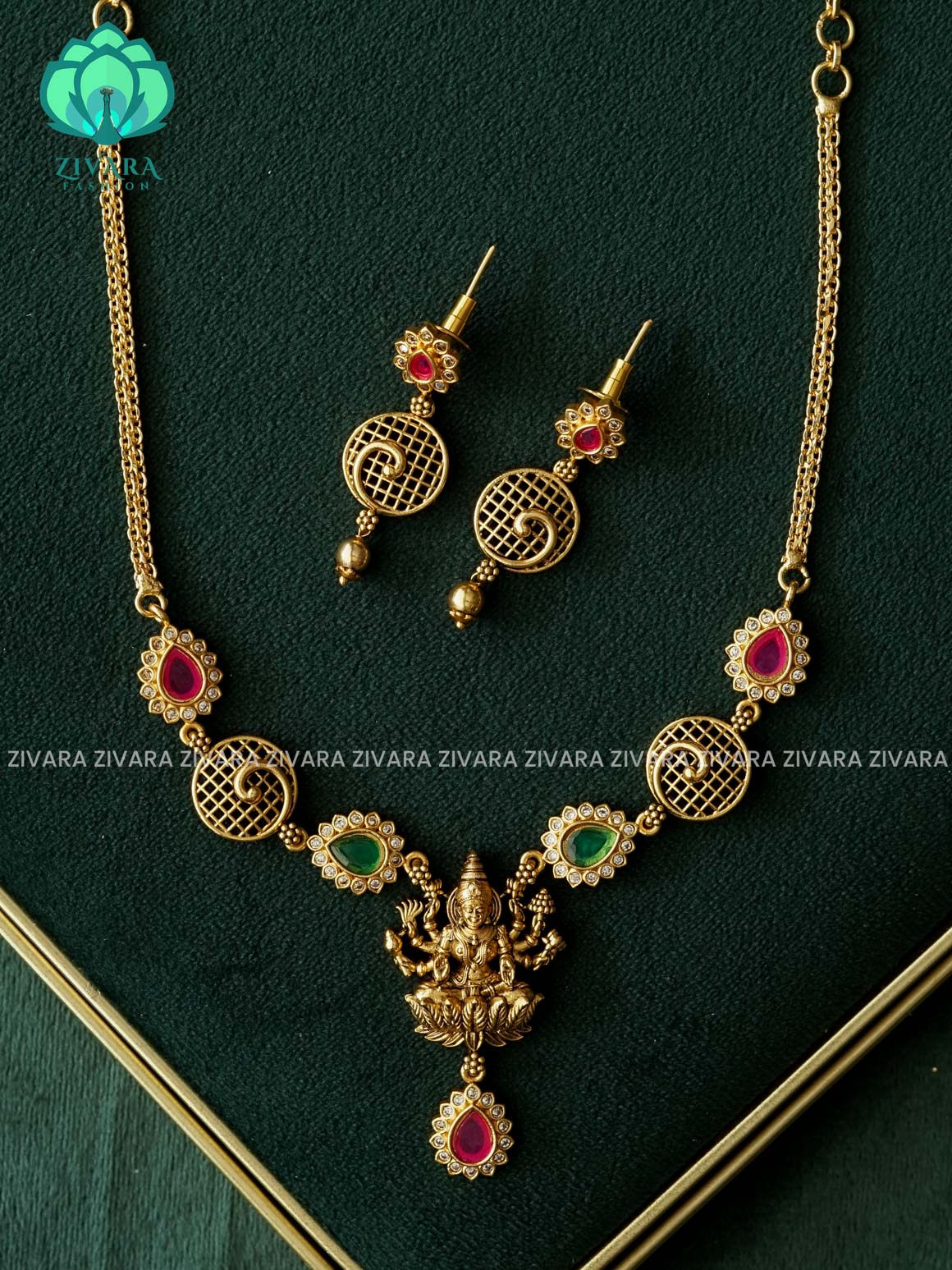 RUBY GREEN  FLEXIBLE CHAIN WITH TEMPLE MOTIF -Traditional south indian premium neckwear with earrings- Zivara Fashion- latest jewellery design