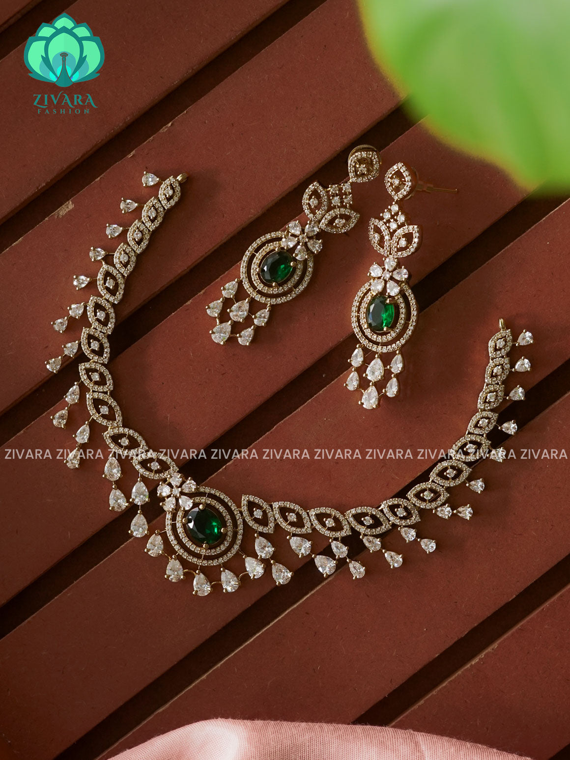 Green- Hanging tear - Trending  stylish and minimal elegant neckwear with earrings- Zivara Fashion
