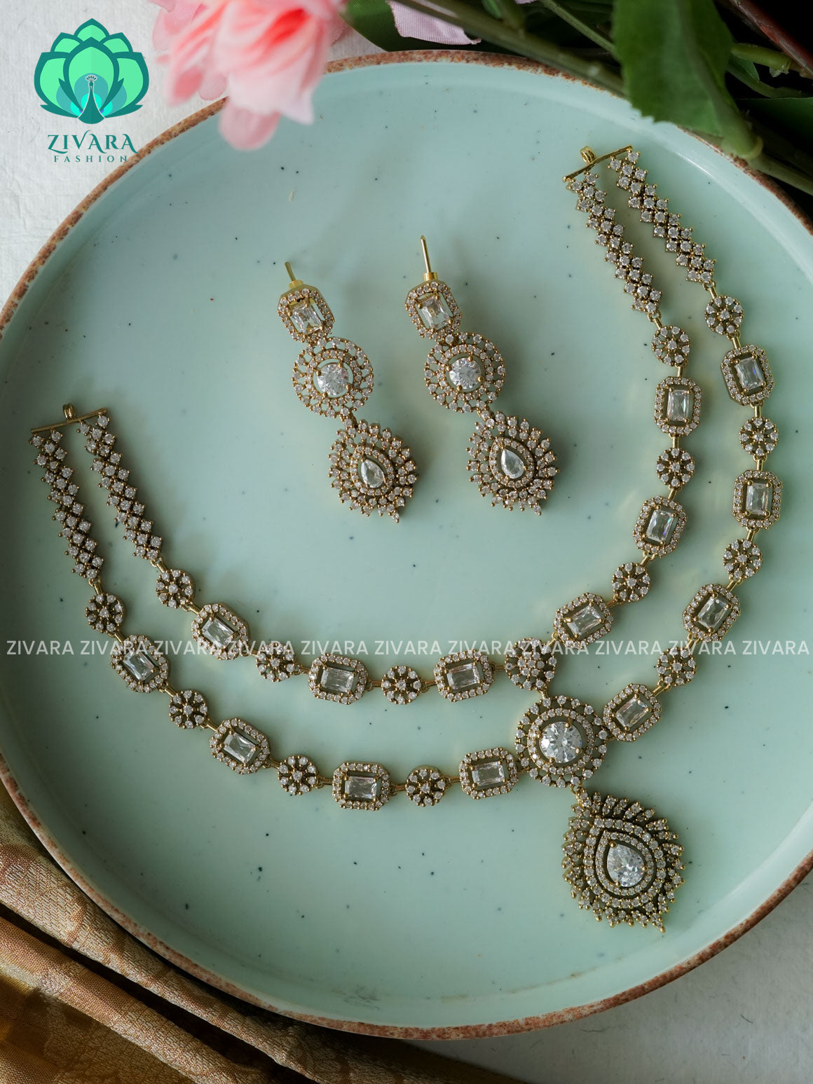 WHITE- Step /layered - SUBTLE GOLD FINISH stylish and minimal elegant neckwear with earrings- Zivara Fashion