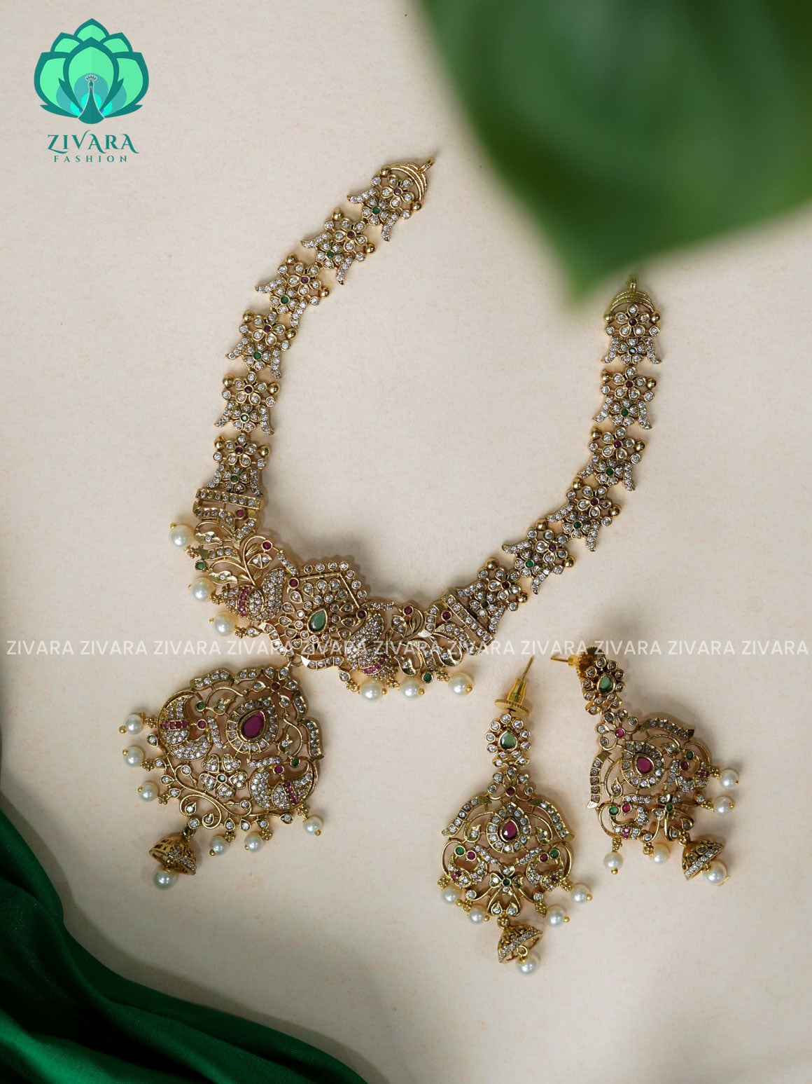 BRIDAL STONE PEACOK neckwear with earrings  -  latest pocket friendly south indian jewellery collection