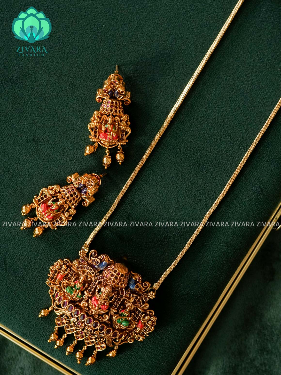 MADHURYA- GANESHA AND LAKSHMI - HAND PAINTED-VINTAGE TEMPLE PENDANT WITH CHAIN - Traditional PREMIUM MATTE polish MIDCHEST neckwear - Zivara Fashion