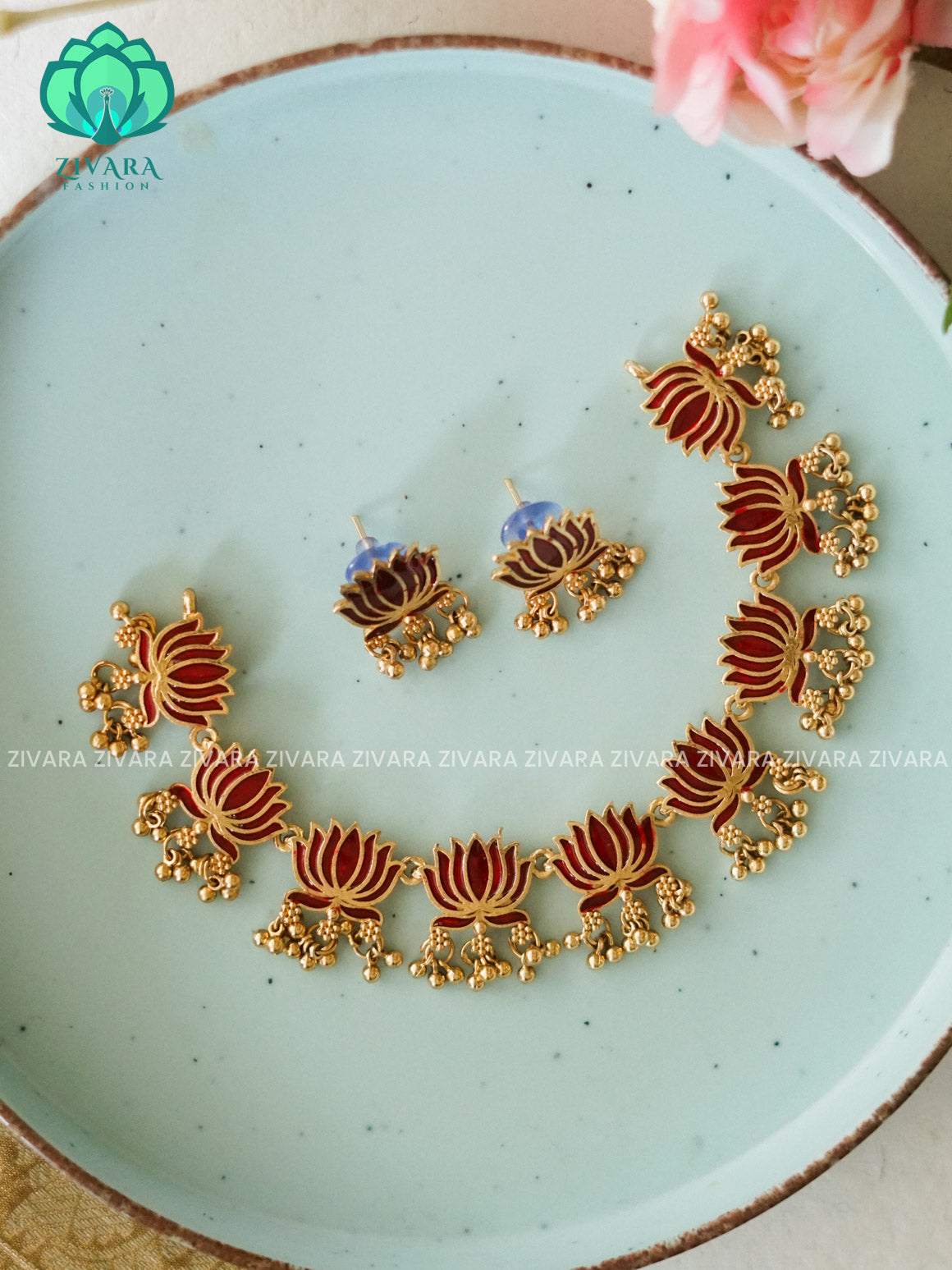 Red- MANJU WARRIER  inspired Trending NORMAL MATTE lotus enamel neckwear with earrings- Zivara Fashion- latest jewellery design