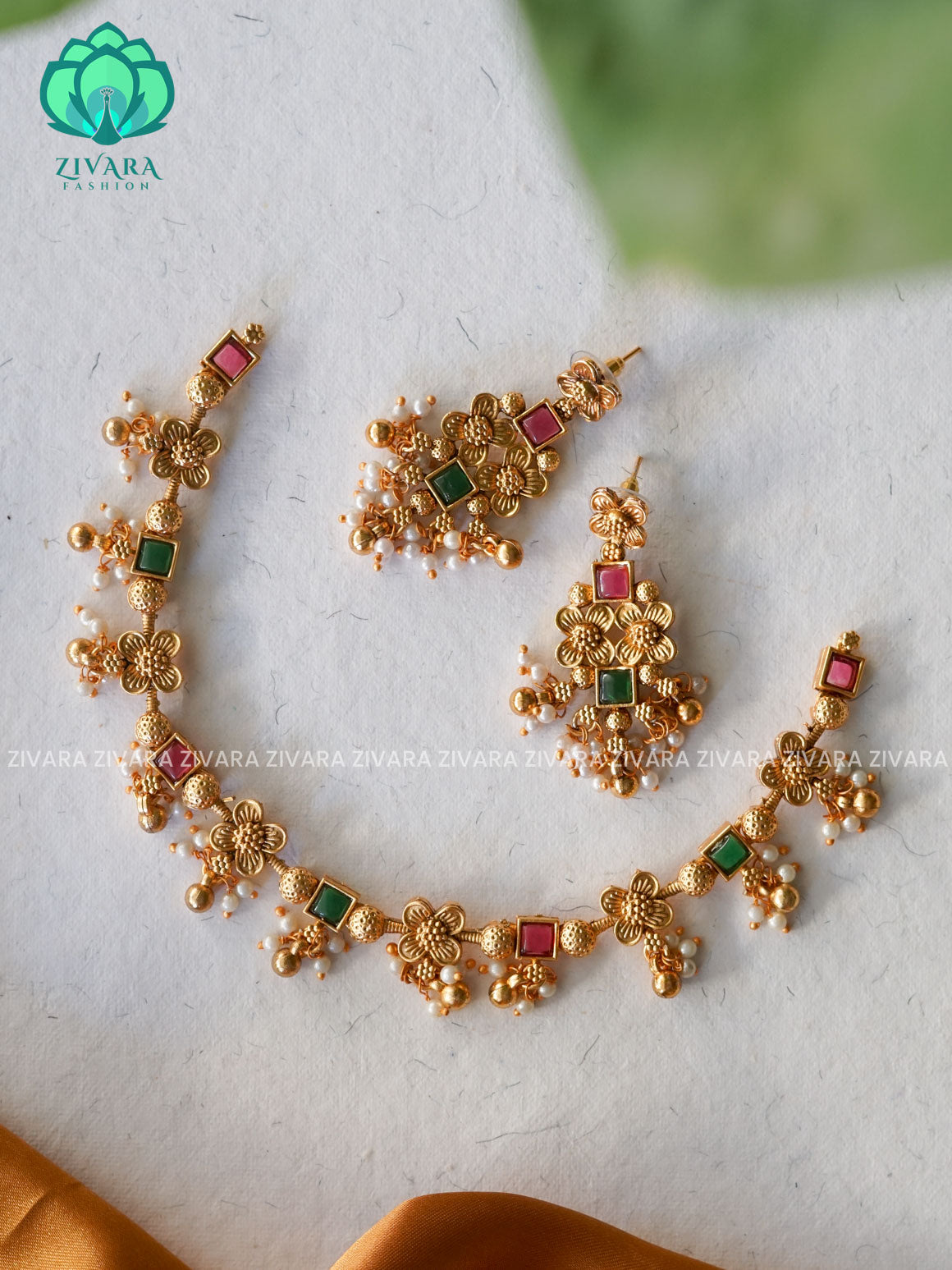 MOTIF FREE SIMPLE  - Traditional south indian NORMAL MATTE neckwear with earrings - Zivara Fashion