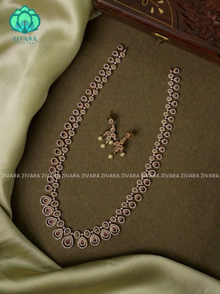 RUBY GREEN WHITE ELEGANT  - Traditional PREMIUM MATTE polish MIDCHEST haaram/neckwear with earrings- Zivara Fashion