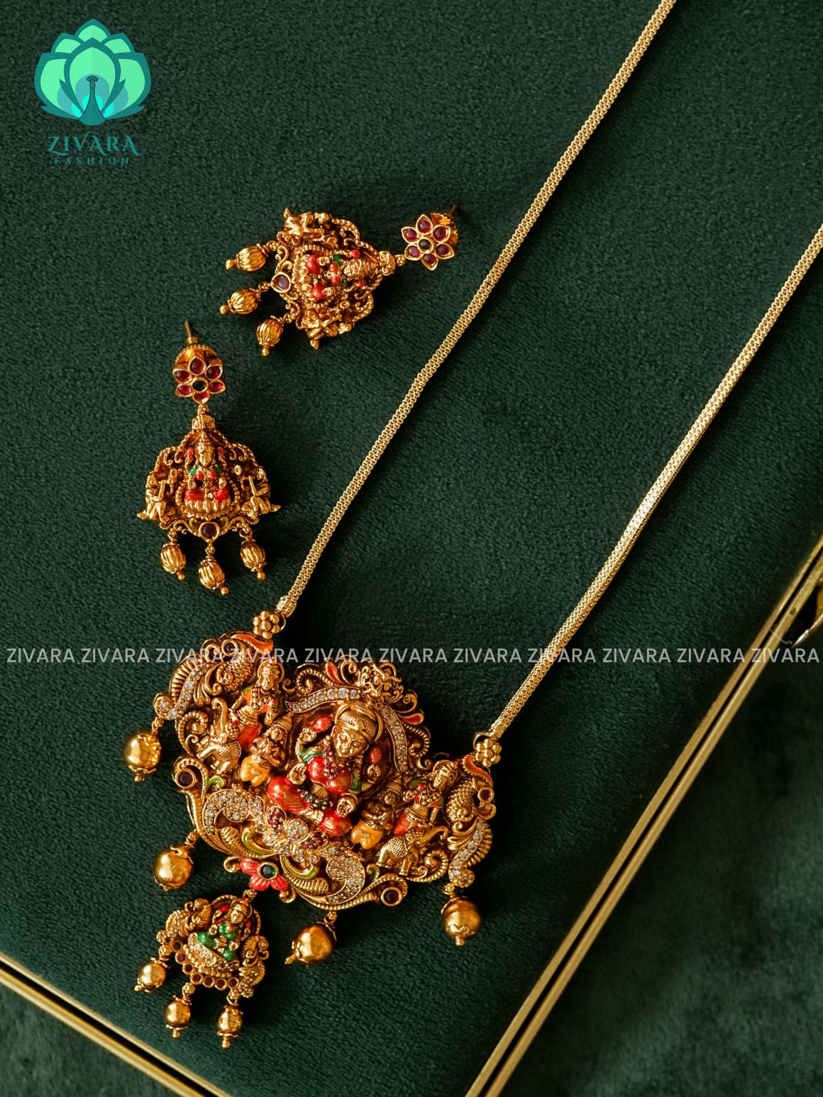 MADHURYA- LAKSHMI - HAND PAINTED-VINTAGE TEMPLE PENDANT WITH CHAIN - Traditional PREMIUM MATTE polish MIDCHEST neckwear - Zivara Fashion