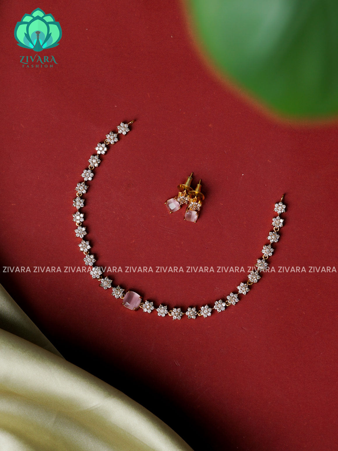 PASTEL PINK  -SMALL SIZE WHITE STONE  - stylish and minimal elegant neckwear with earrings- Zivara Fashion