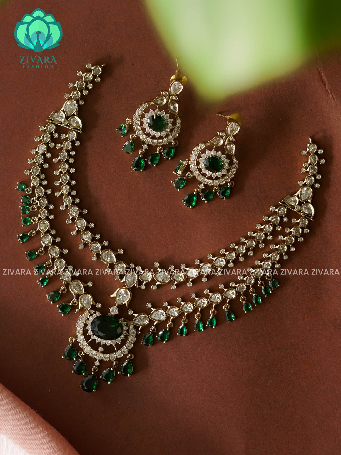 STEP GREEN TEAR HANGINGS  - Ultra premium victoria finish dark polish trending neckwear collection- bridal collection- Zivara Fashion