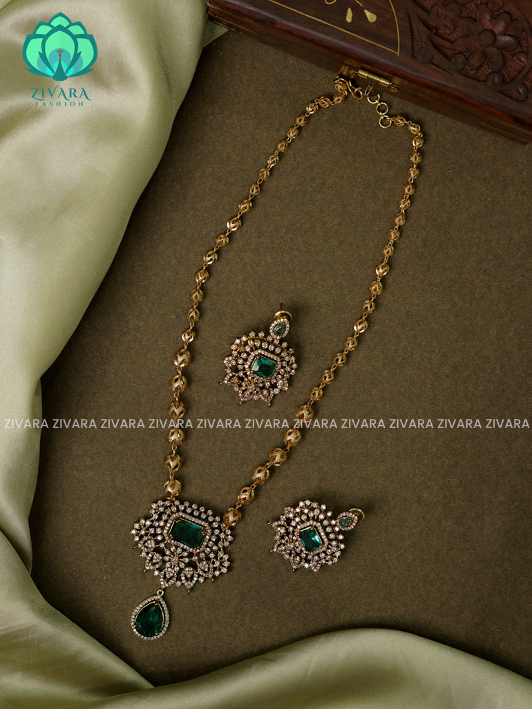 GREEN STONE PENDANT WITH BALL CHAIN Traditional south indian premium neckwear with earrings- Zivara Fashion- latest jewellery design