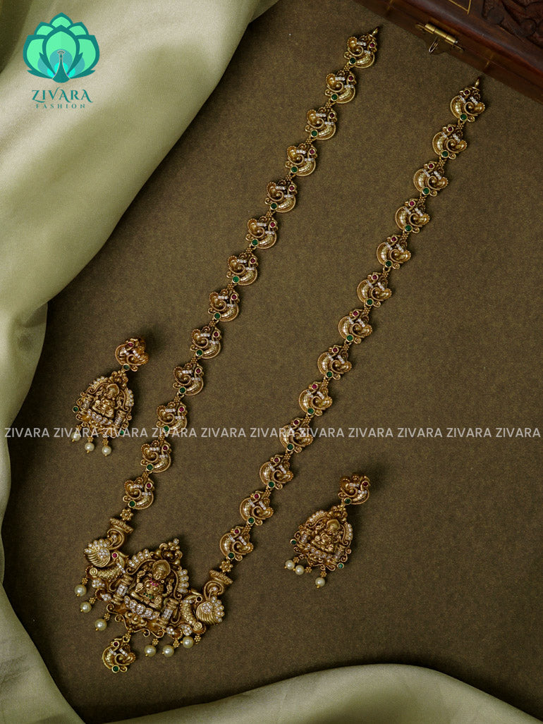 TEMPLE NAKSHI HAARAM- Traditional PREMIUM MATTE polish MIDCHEST haaram/neckwear with earrings- Zivara Fashion