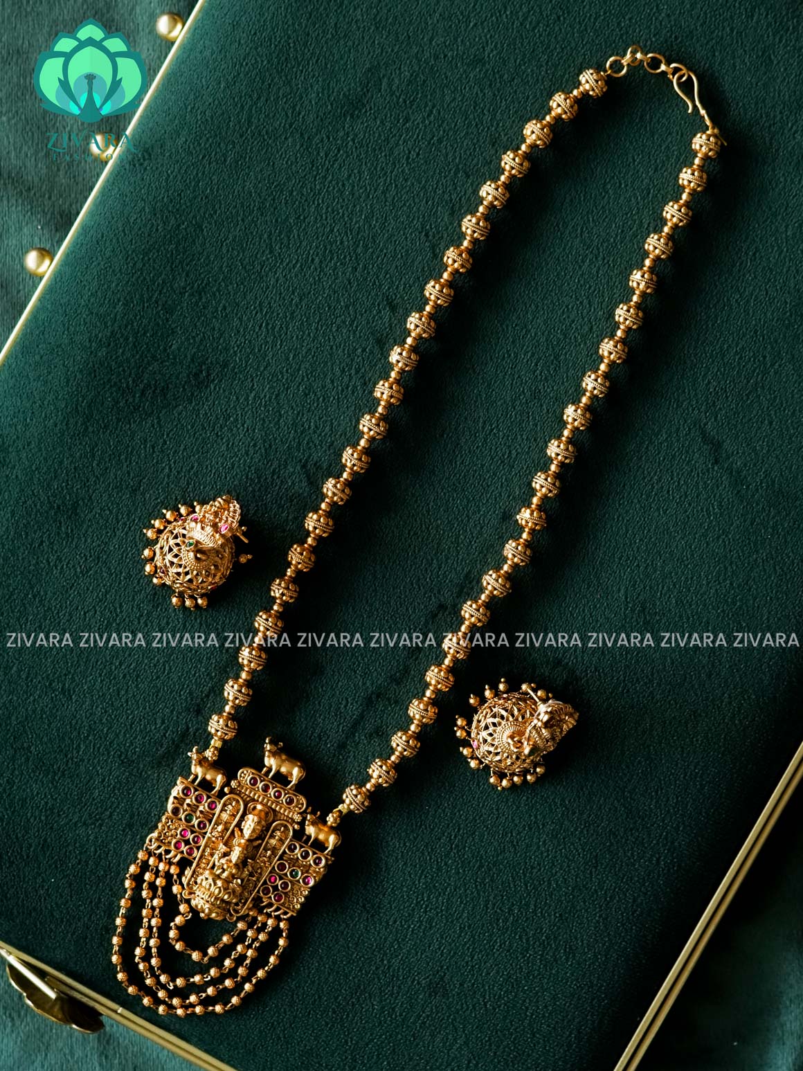 VISHALI  TEMPLE PENDANT GOLD BALL AND PEARL CHAIN - Traditional NORMAL MATTE polish MIDCHEST haaram/neckwear with earrings- Zivara Fashion