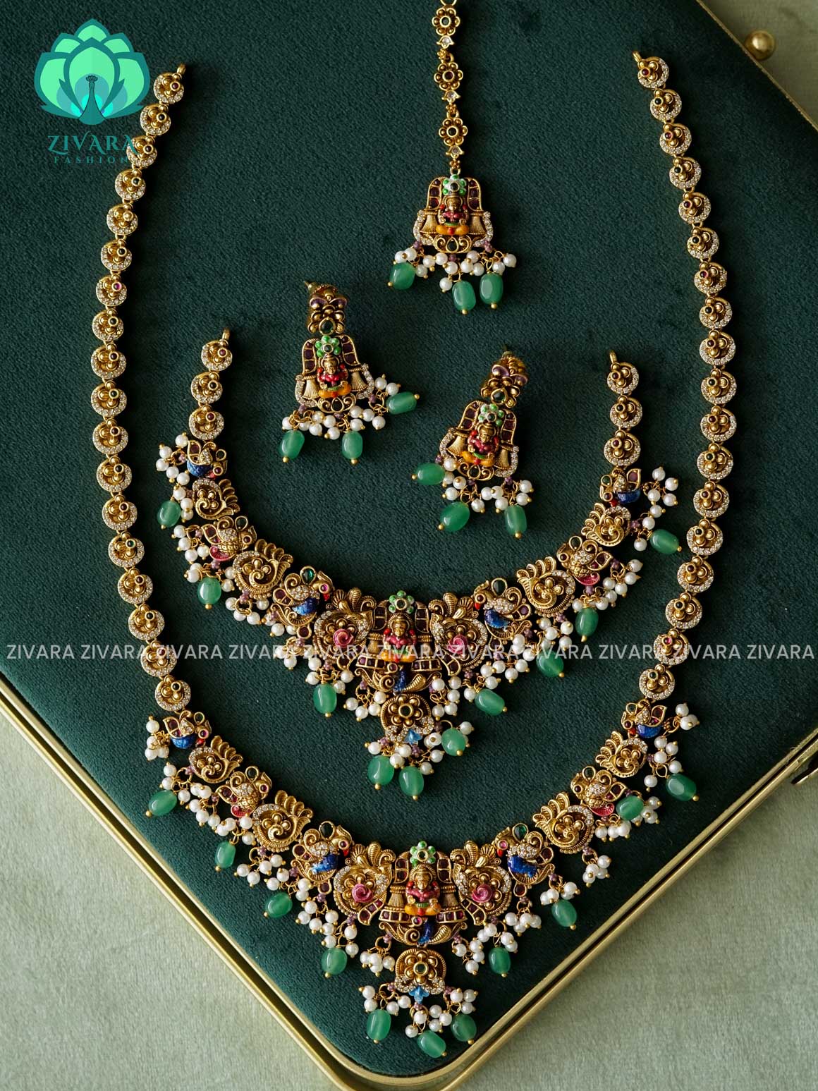 MADHURUYA TEMPLE  - COMBO OF TRADITIONAL KEMP MATTE FINISH  SHORT , LONG NECKWEAR , EARRING AND TIKKA - Zivara Fashion