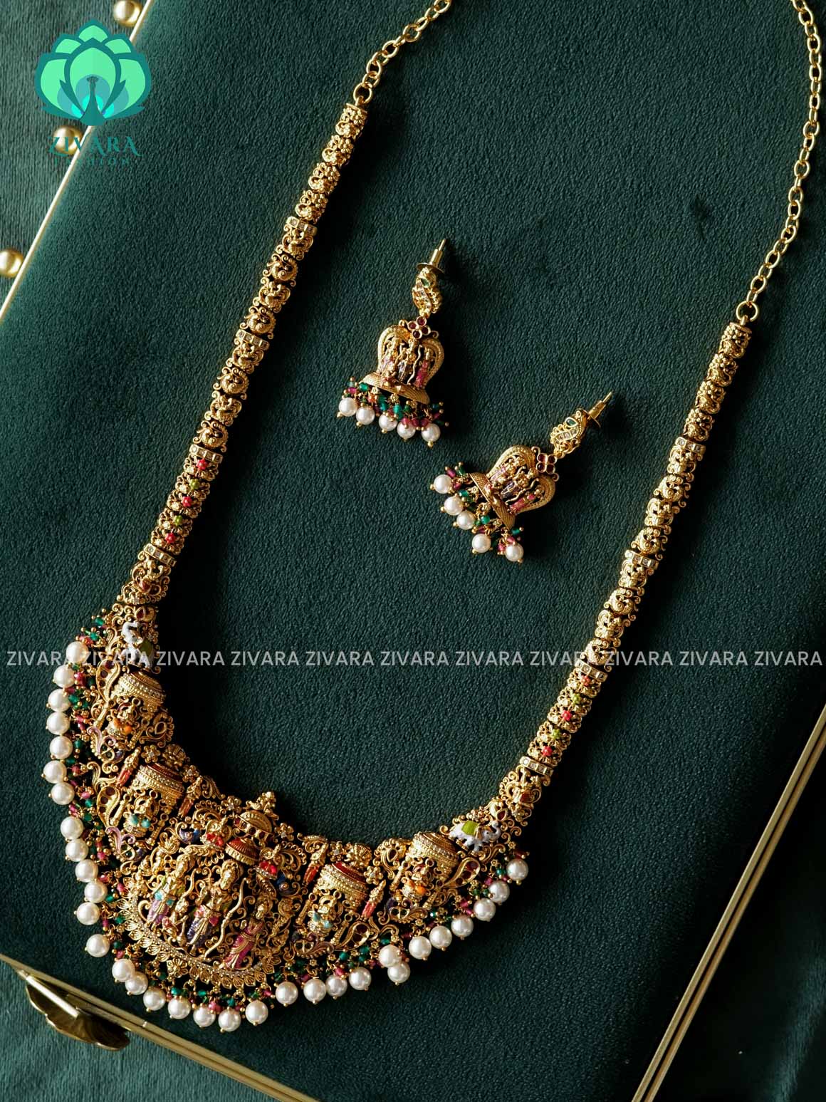 MADHURYA -  GRAND BRIDAL RAMAR PATTABSHEKAM  MIDCHEST haram handpainted - Traditional south indian premium neckwear with earrings- Zivara Fashion