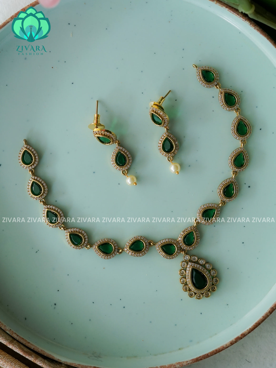 JYOTHIKA INSPIRED GREEN TEAR  - stylish and minimal elegant neckwear with earrings- Zivara Fashion